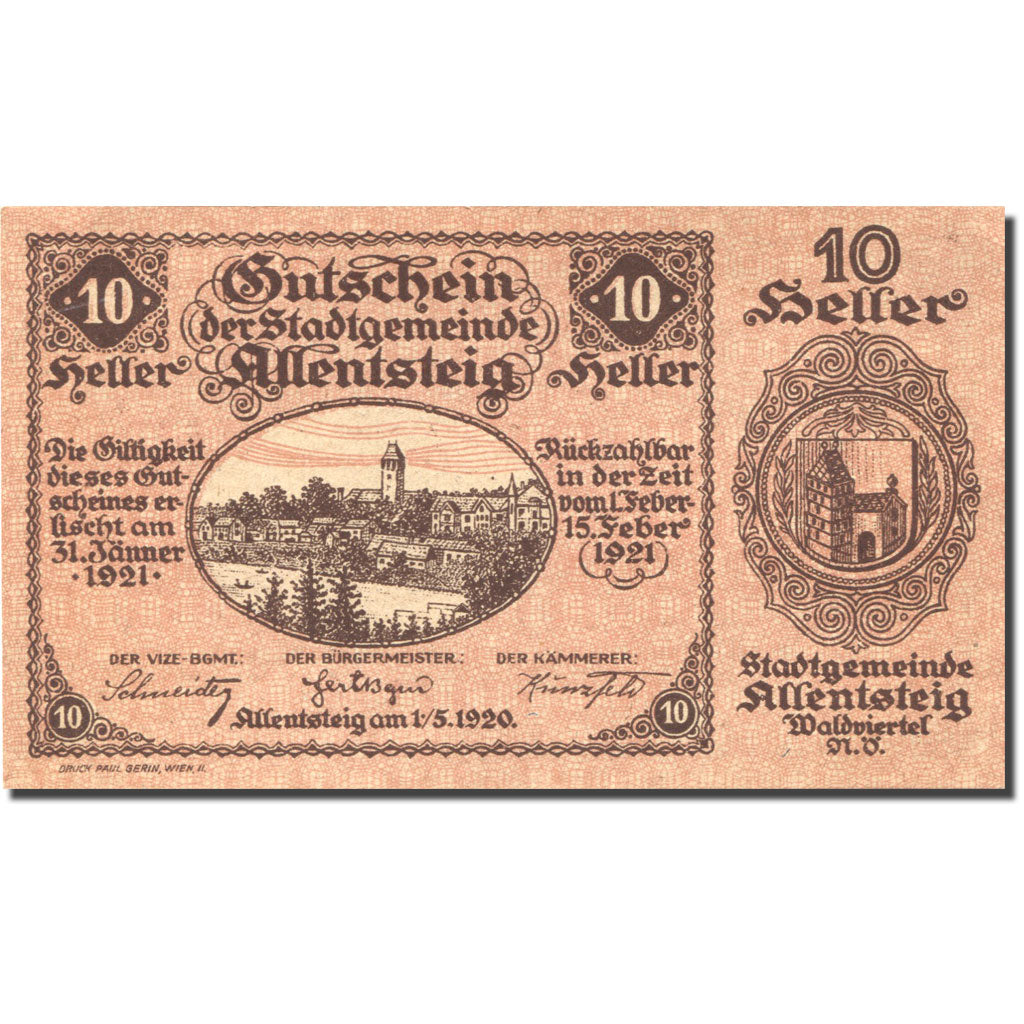 Banknote, Austria, Allentsteig, 10 Heller, paysage, 1921 UNC(63) Mehl:FS 20a