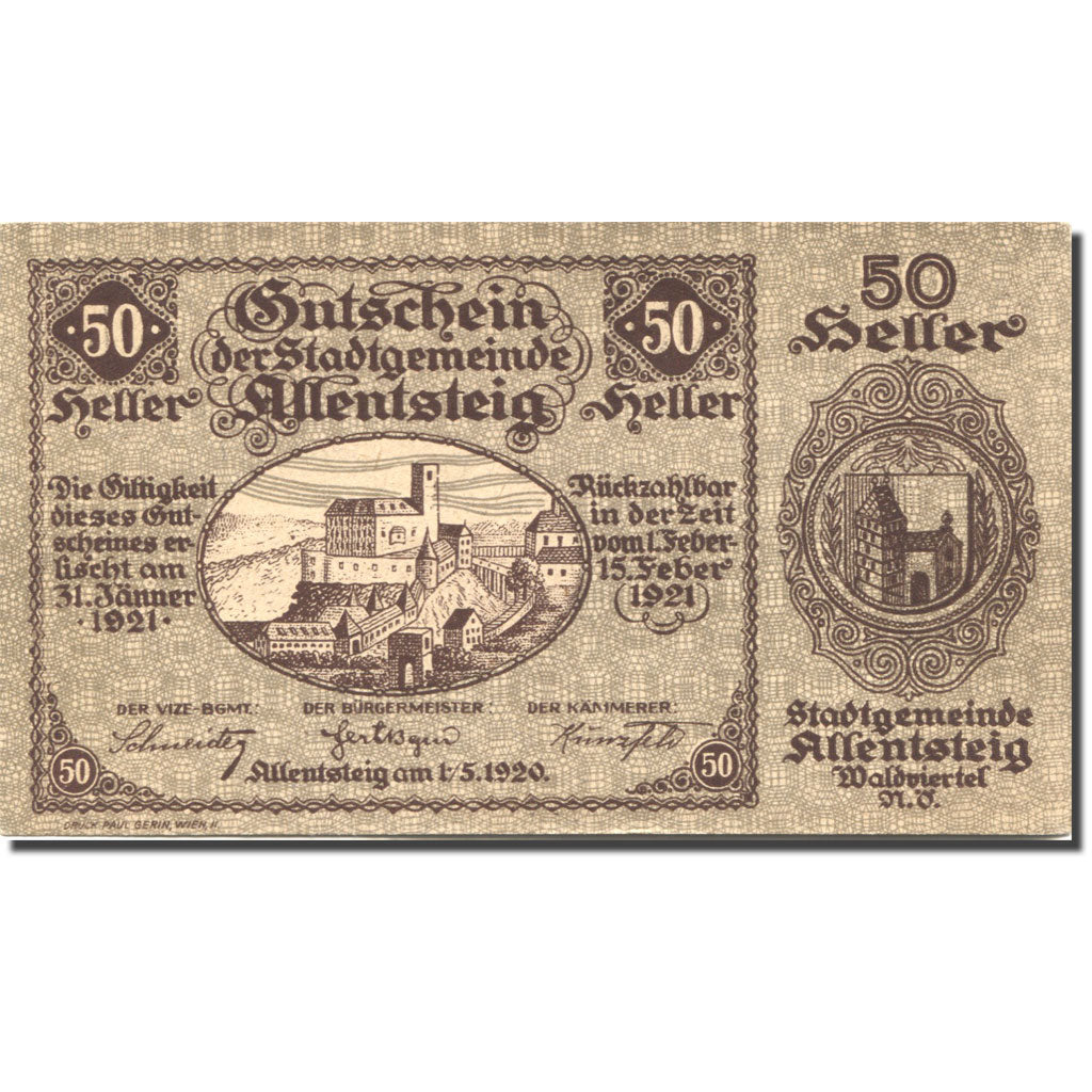 Banknote, Austria, Allentsteig, 50 Heller, château, 1921 UNC(63) Mehl:FS 20a