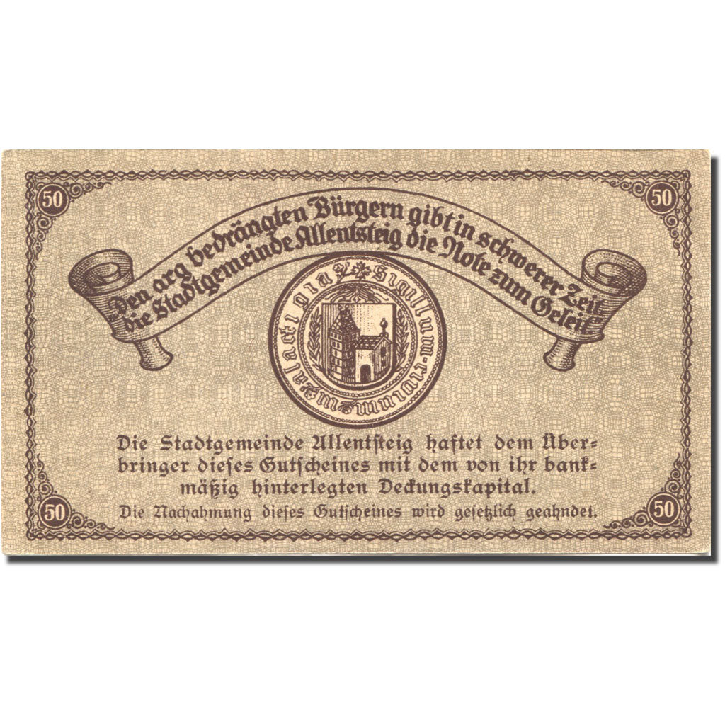 Banknote, Austria, Allentsteig, 50 Heller, château, 1921 UNC(63) Mehl:FS 20a