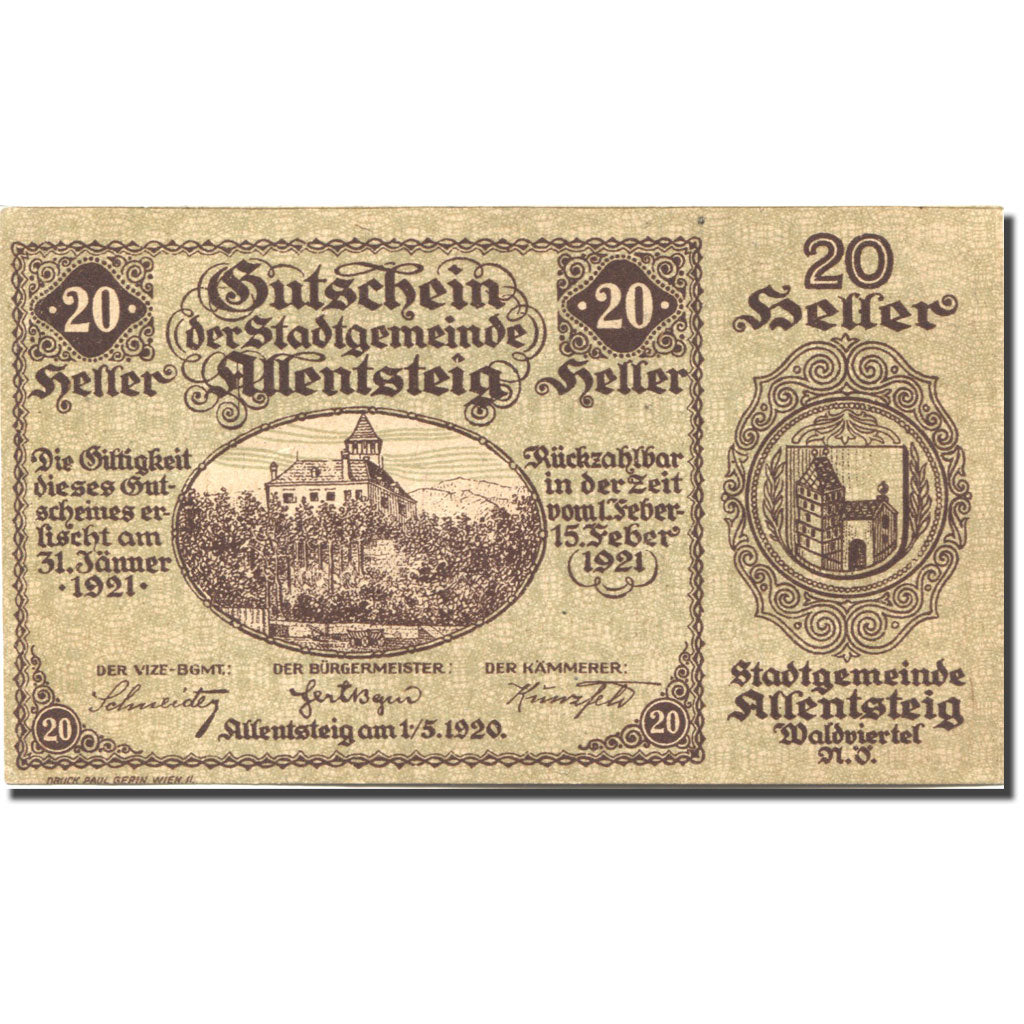 Banknote, Austria, Allentsteig, 20 Heller, Eglise, 1921, UNC(63) Mehl:FS 20a