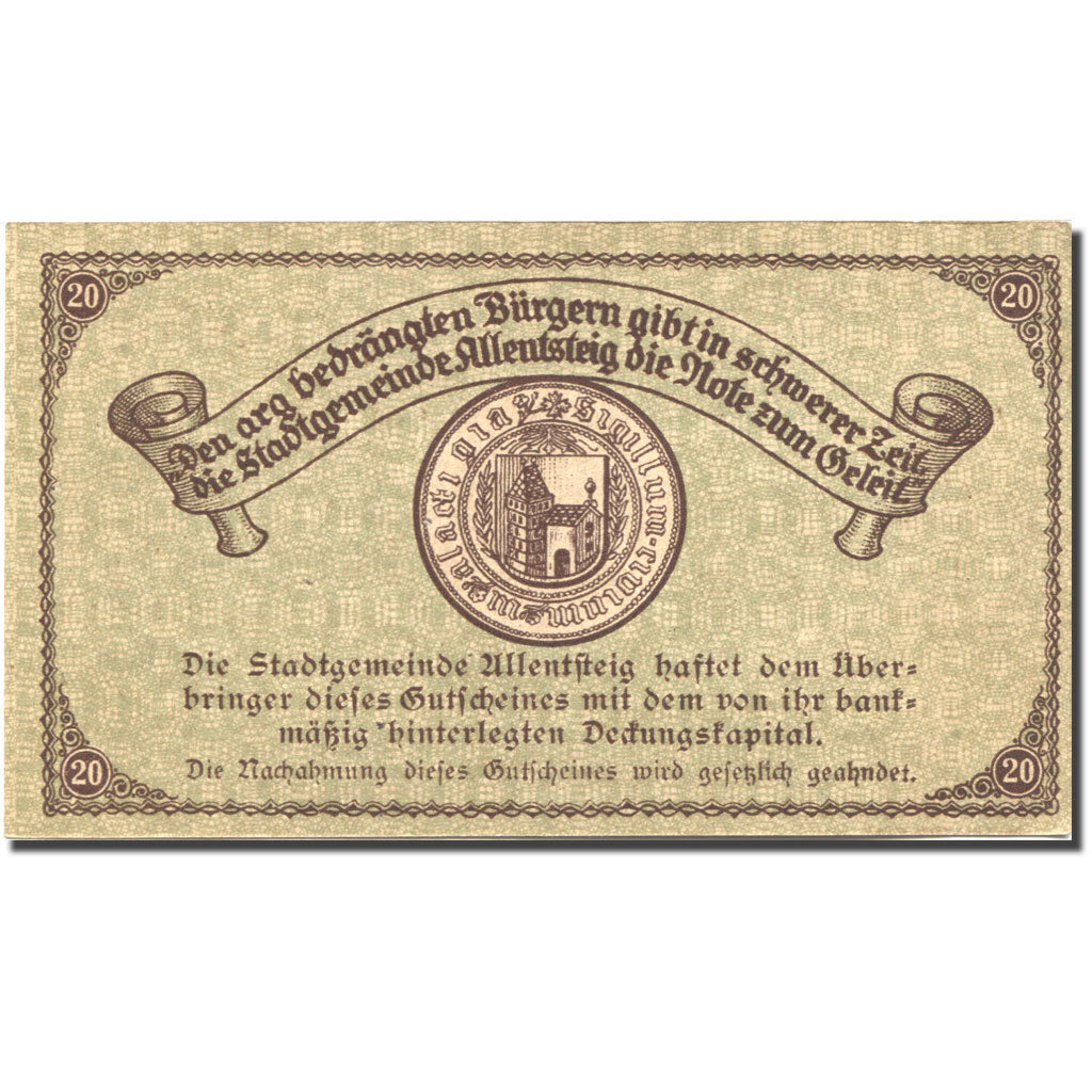 Banknote, Austria, Allentsteig, 20 Heller, Eglise, 1921, UNC(63) Mehl:FS 20a