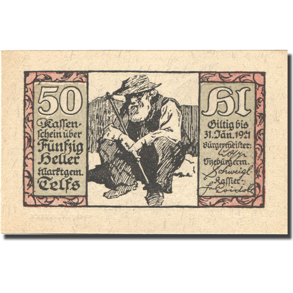 Banknote, Austria, Telfs, 50 Heller, personnage, 1921 UNC(63) Mehl:FS 1061a