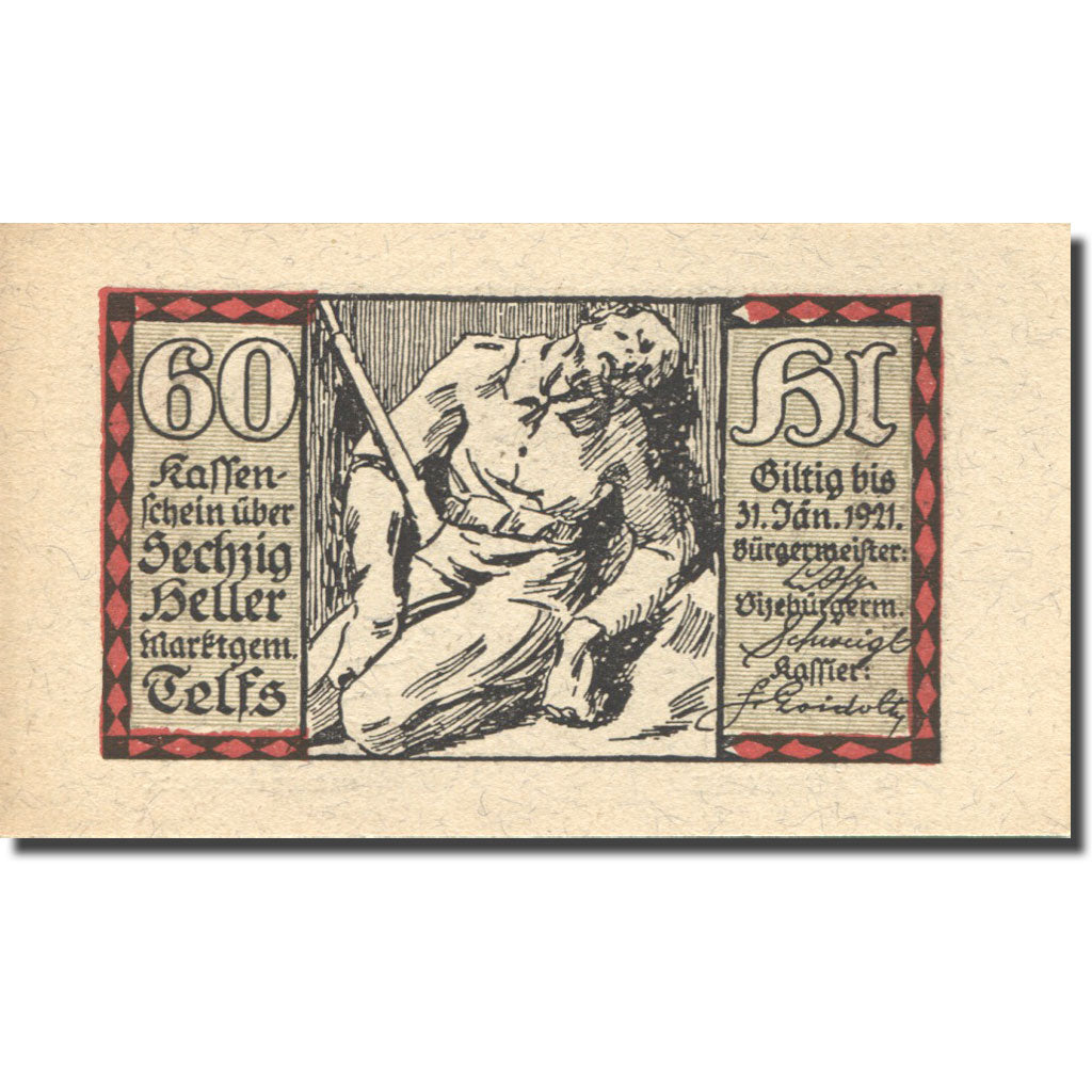 Billet, Autriche, Telfs, 60 Heller, personnage 1, 1921-03-31, SPL, Mehl:FS 1061a