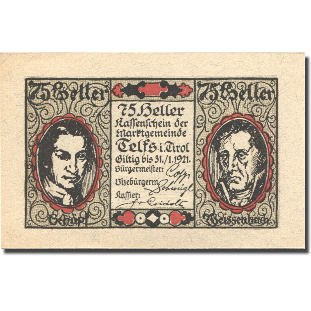 Banknote, Austria, Telfs, 75 Heller, personnage 2, 1921, UNC(63) Mehl:FS 1061a