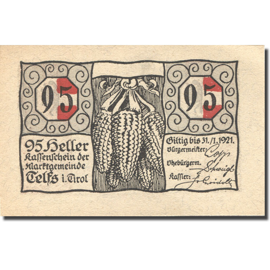 Banknote, Austria, Telfs, 95 Heller, maïs 1921-01-31, UNC(63), Mehl:FS 1061a