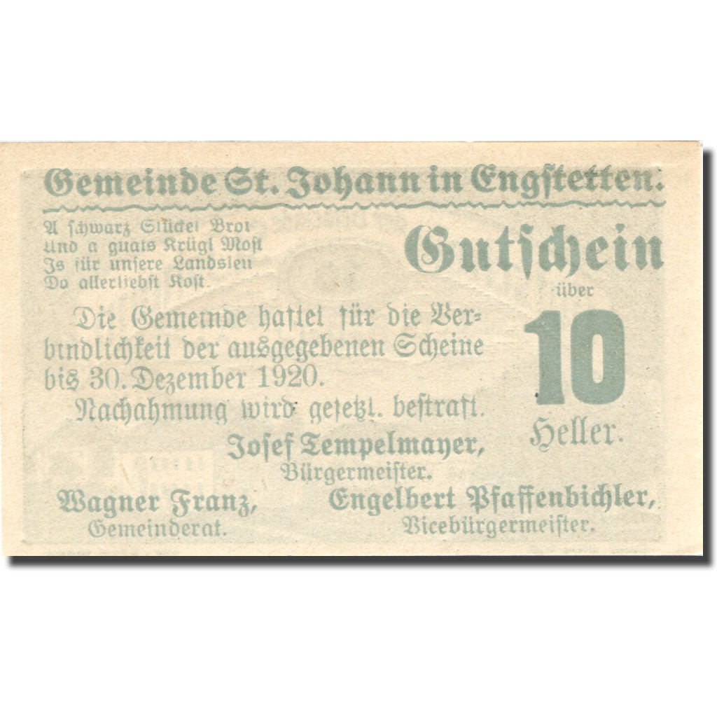 Banknote, Austria, St Johann, 10 Heller, village, 1920 UNC(63) Mehl:FS 897b