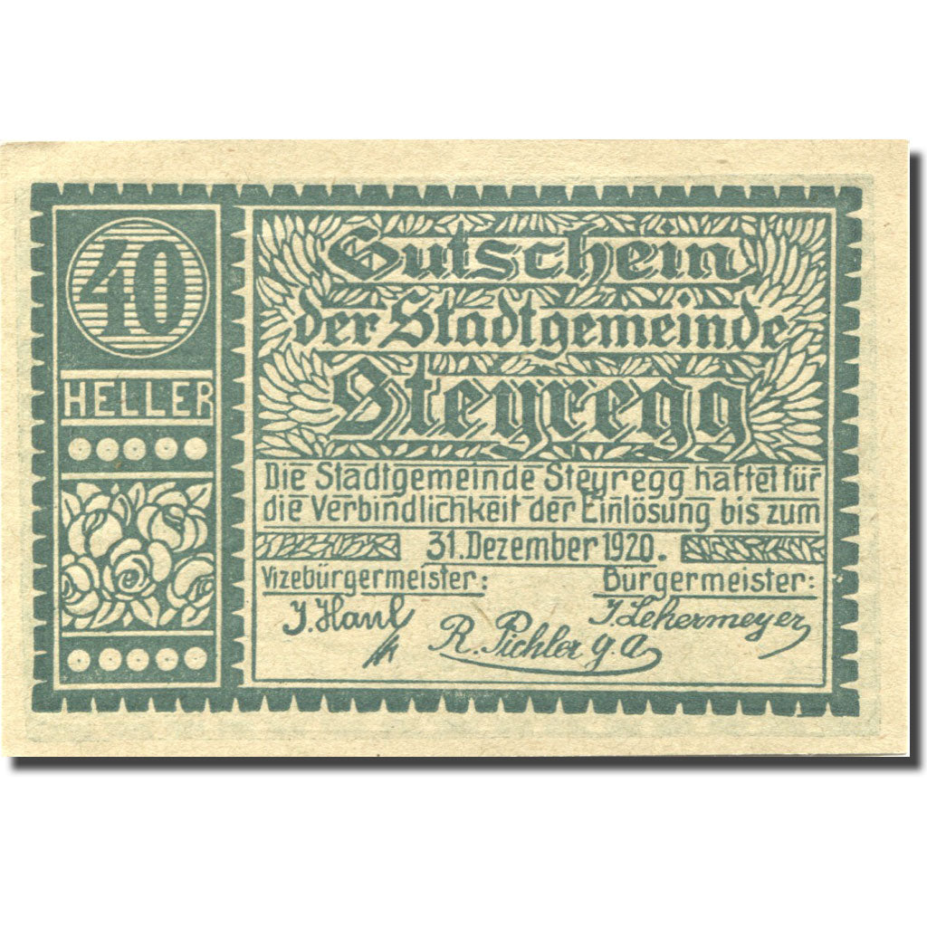 Banknote, Austria, Steyregg, 40 Heller, ferme, 1920 UNC(63) Mehl:FS 1036II