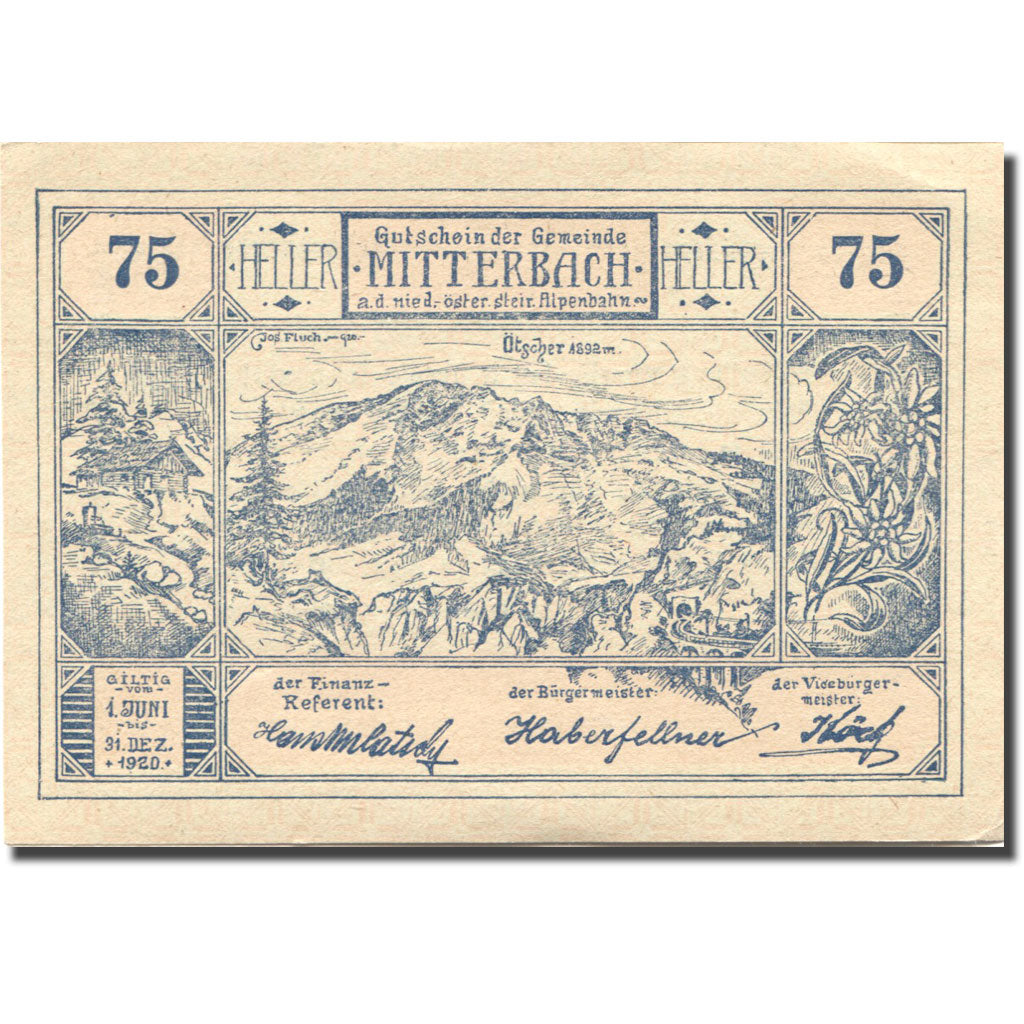 Banknote, Austria, Mitterbach, 75 Heller, montagne, 1920 UNC(63) Mehl:FS 618a