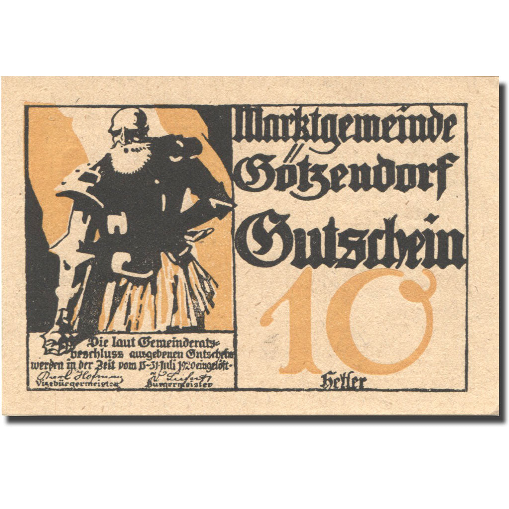 Billet, Autriche, Götzendorf, 10 Heller, personnage, 1920 SPL Mehl:FS 246IIc