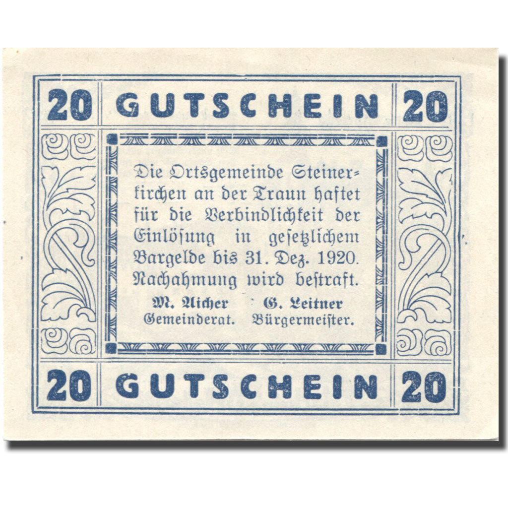 Banknote, Austria Steinerkirchen 20 Heller chateau 1, 1920 UNC(63) Mehl:FS 1029I