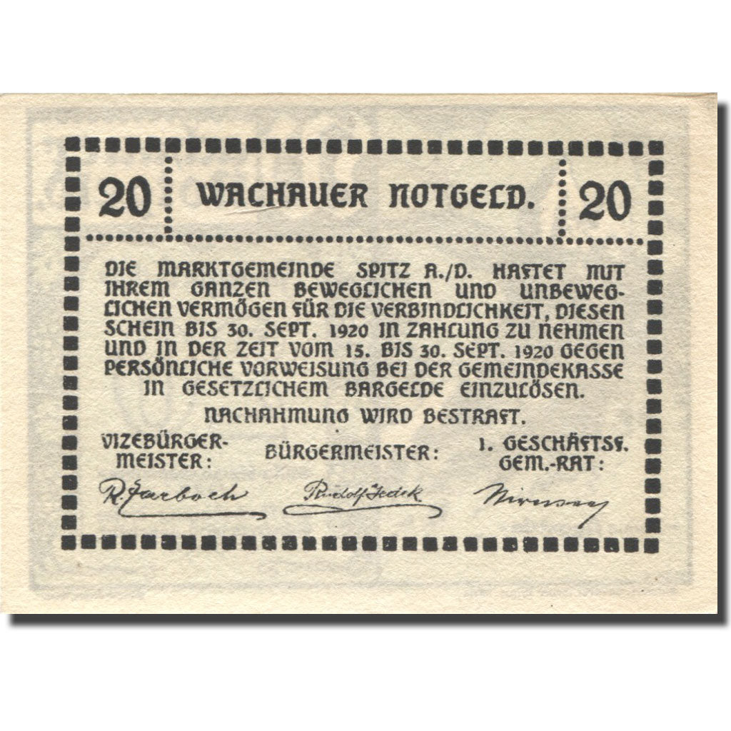 Banknote, Austria, Spitz a/d Donau, 20 Heller, ruine, 1920 UNC(63) Mehl:FS 1122