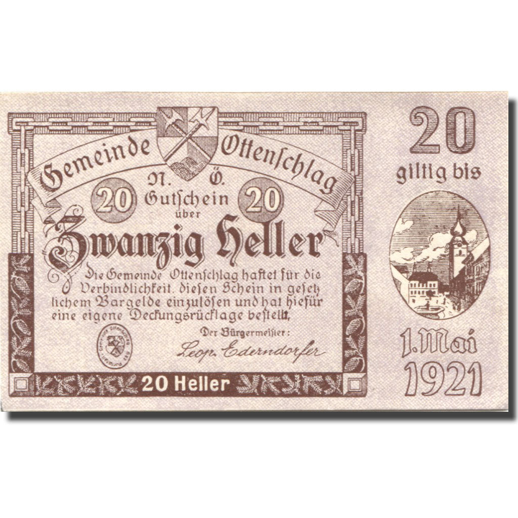 Banknote, Austria, Ottenschlag, 20 Heller, Eglise, 1921 UNC(63) Mehl:FS 716a