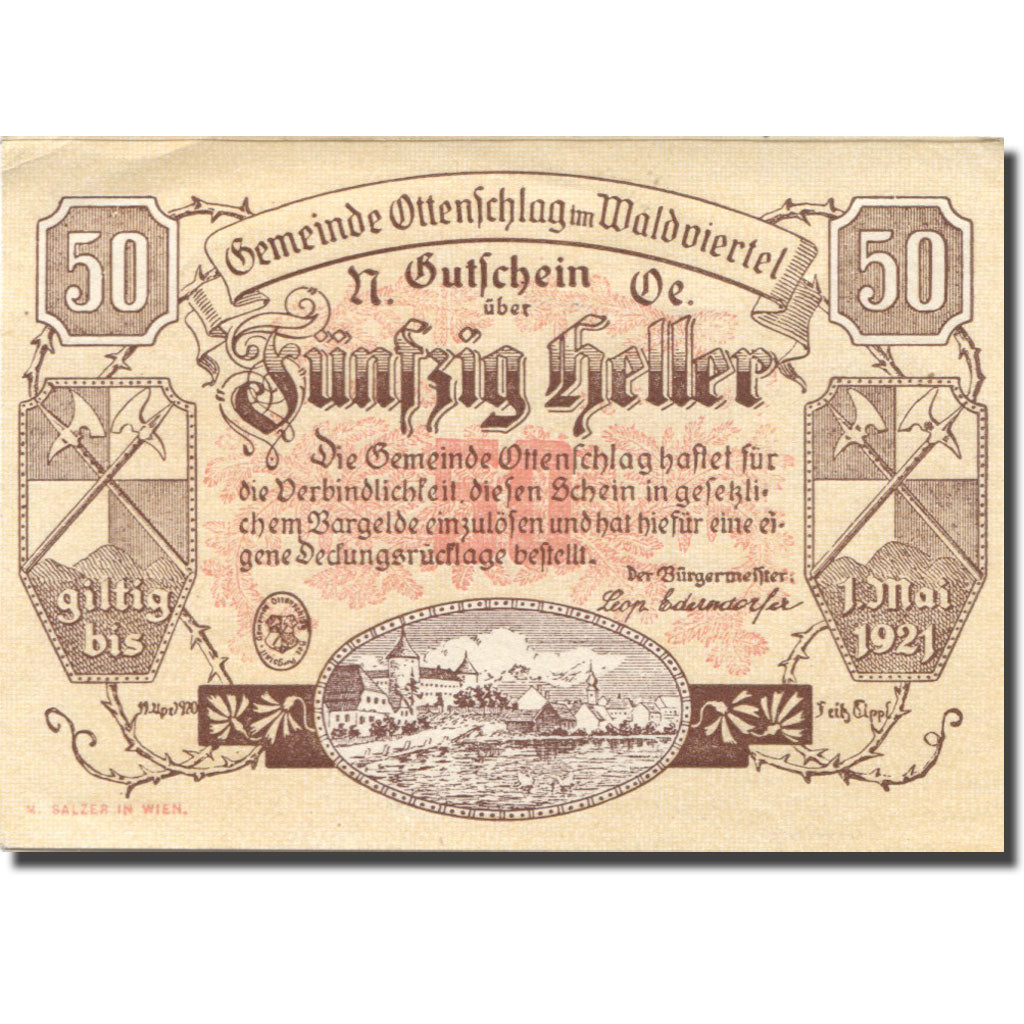 Banknote, Austria, Ottenschlag, 50 Heller, château, 1921 UNC(63) Mehl:FS 716a