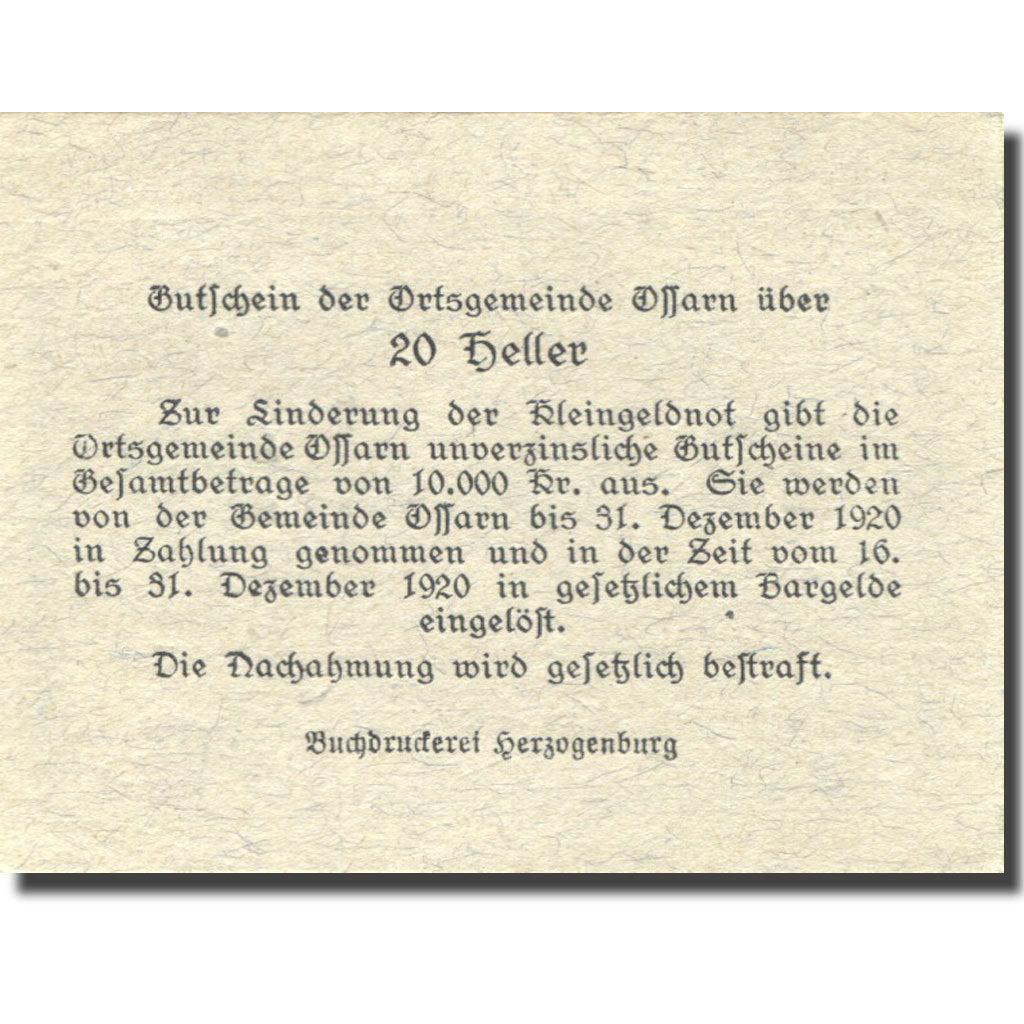 Banknote, Austria, Ossarn 20 Heller, Eglise 1920-12-31, UNC(63), Mehl:FS 712a2.1