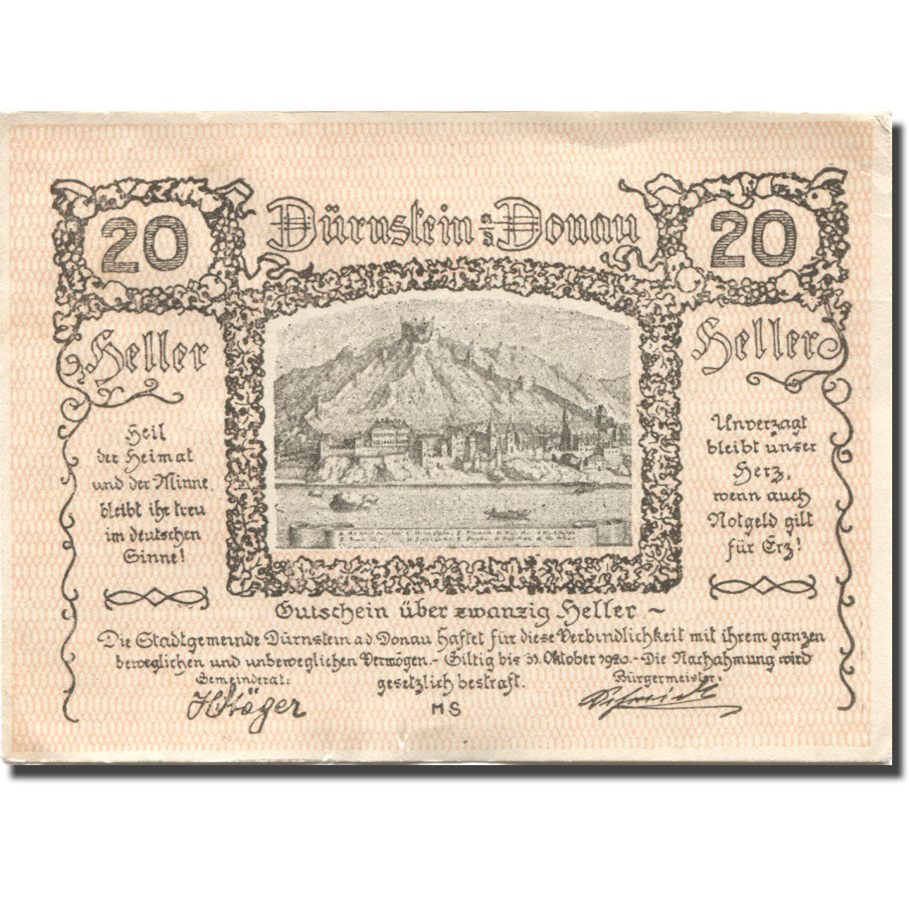 Banknote, Austria, Dürnstein, 20 Heller, montagne, 1920 AU(55-58) Mehl:FS 138