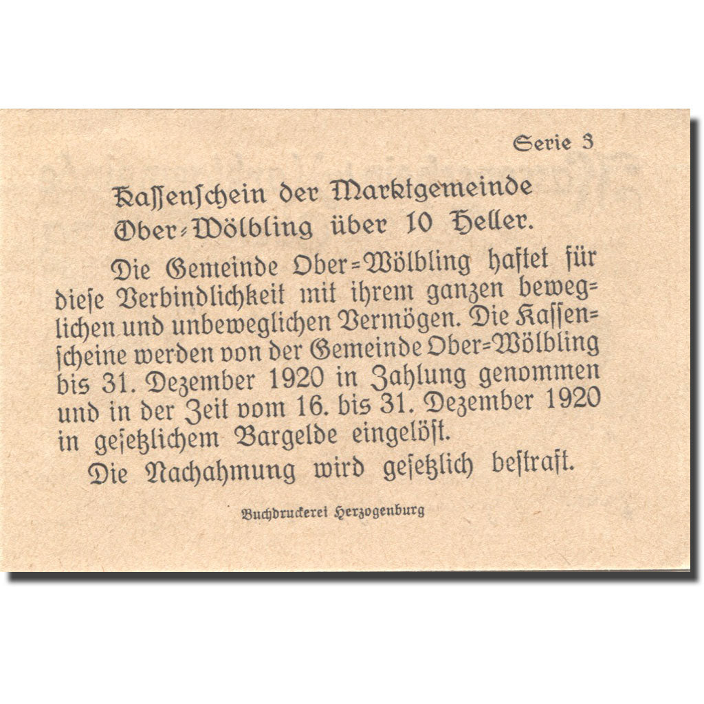 Banknote, Austria, Ober-Wölbling, 10 Heller, château 1920 UNC(63) Mehl:FS 698h