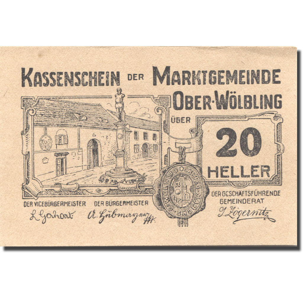 Banknote, Austria, Ober-Wölbling, 20 Heller, Monument, 1920 UNC(63) Mehl:FS 698h