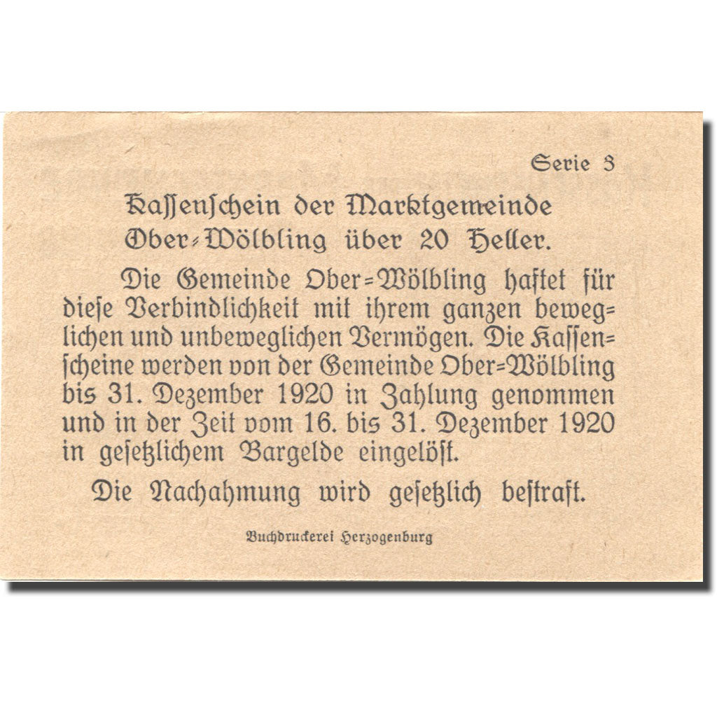 Banknote, Austria, Ober-Wölbling, 20 Heller, Monument, 1920 UNC(63) Mehl:FS 698h
