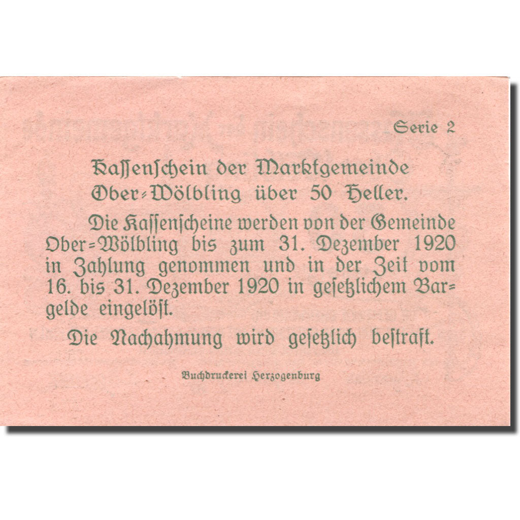 Banknote, Austria, Ober-Wölbling, 50 Heller, Eglise, 1920 UNC(63) Mehl:FS 698h