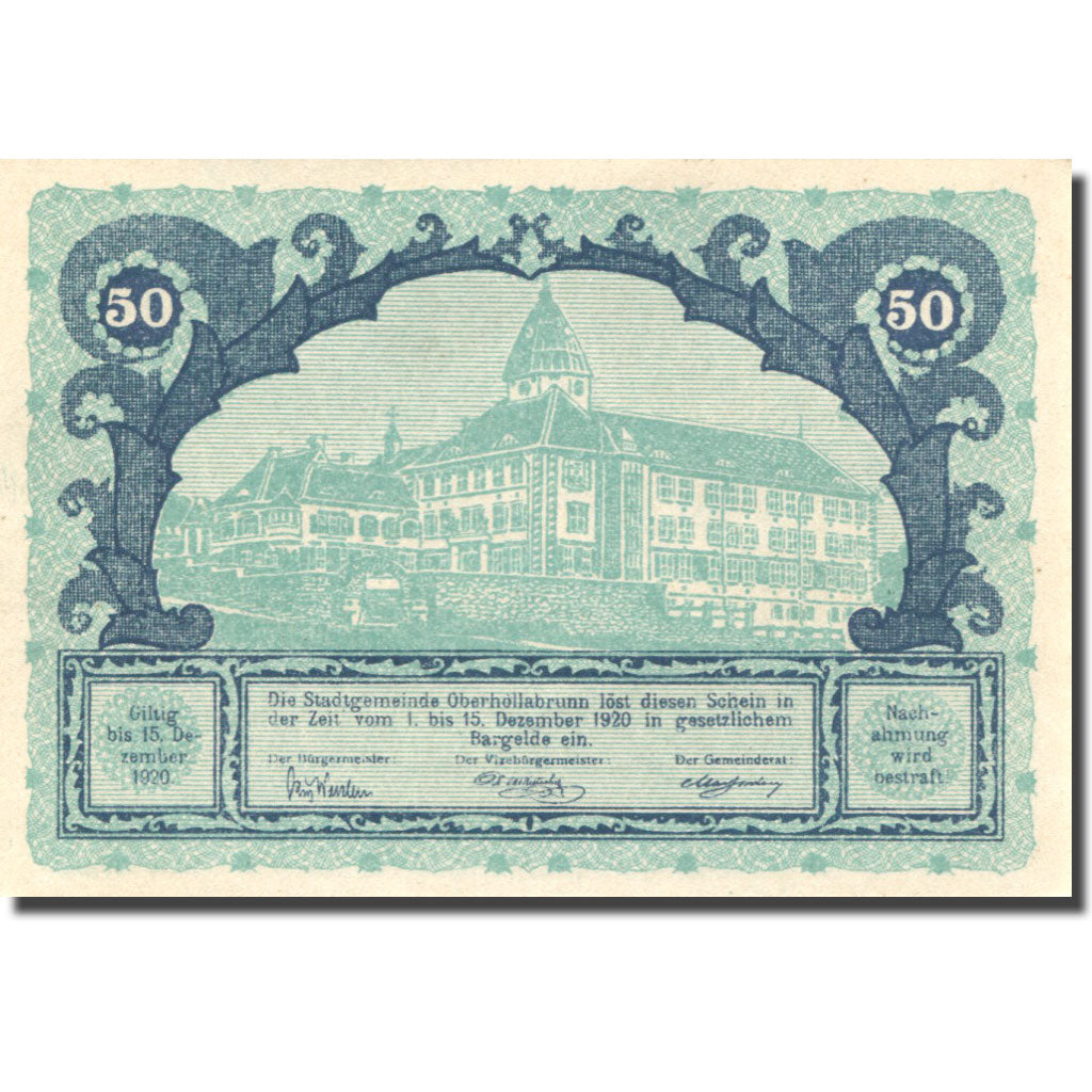 Banknote, Austria, Oberhollabrunn, 50 Heller, château, 1920 UNC(63) Mehl:FS 683a