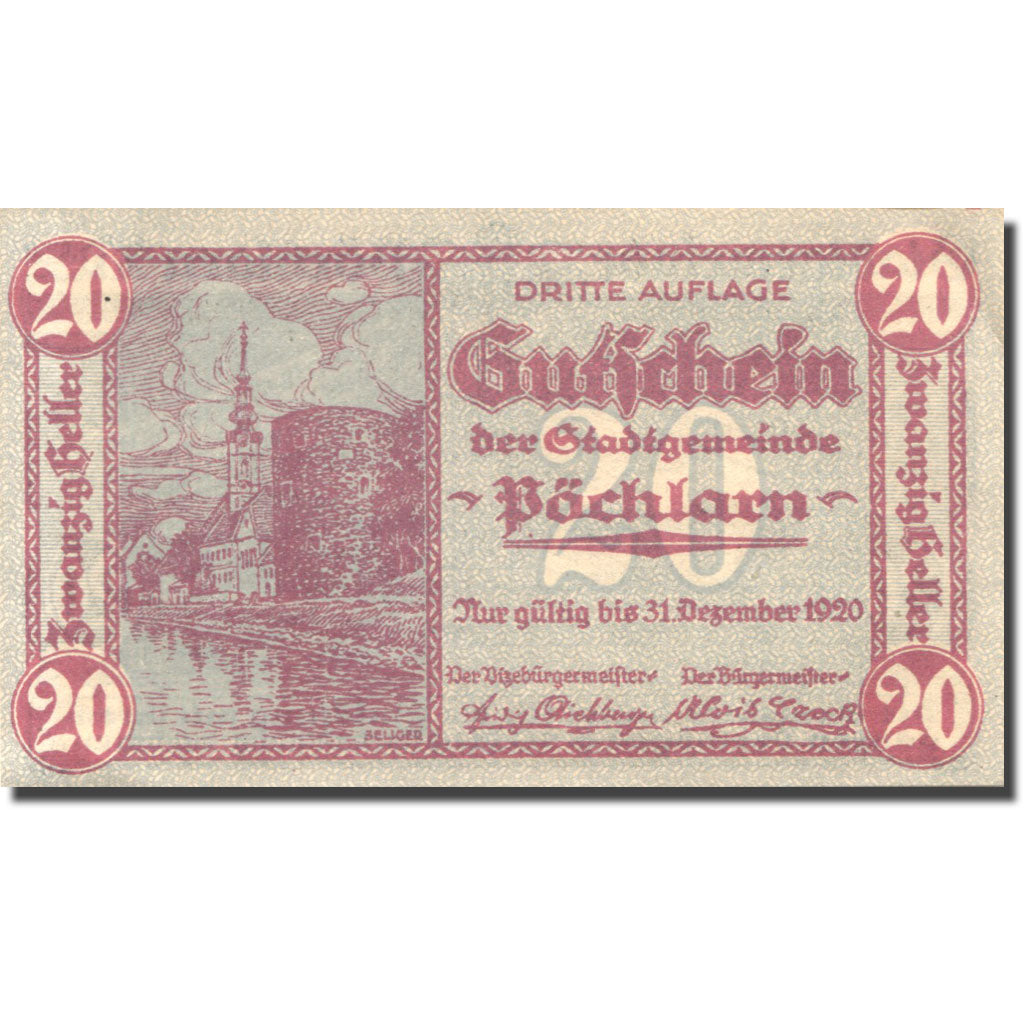 Banknote, Austria, Pöchlarn, 20 Heller, château, 1920 UNC(63) Mehl:FS 755III