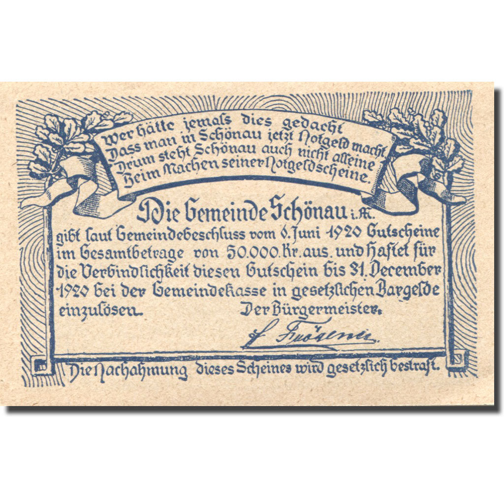 Banknote, Austria, Schönau, 50 Heller, paysage, 1920, UNC(63) Mehl:FS 966b