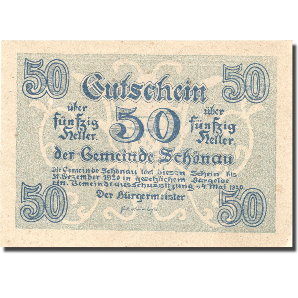 Banknote, Austria, Schönau, 50 Heller valeur faciale 1920 AU(55-58) Mehl:FS 967a