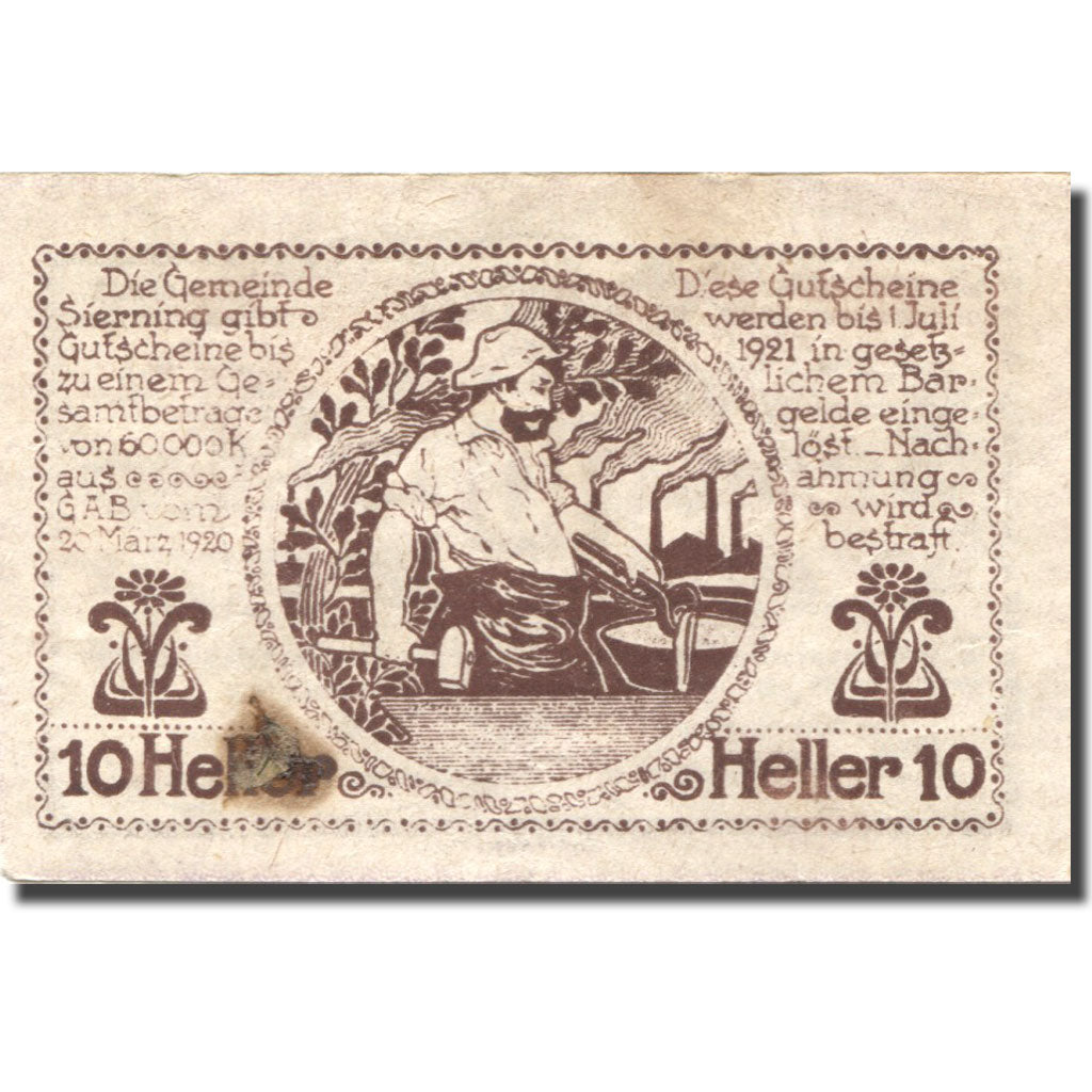 Banknote, Austria, Sierning, 10 Heller, Usine, 1921 EF(40-45) Mehl:FS 995c