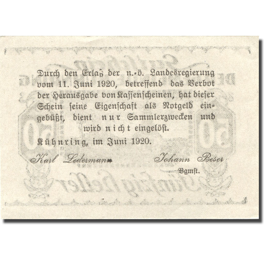 Banknote, Austria, Kuhnring, 50 Heller, cimetière 1920 UNC(63) Mehl:FS 489f