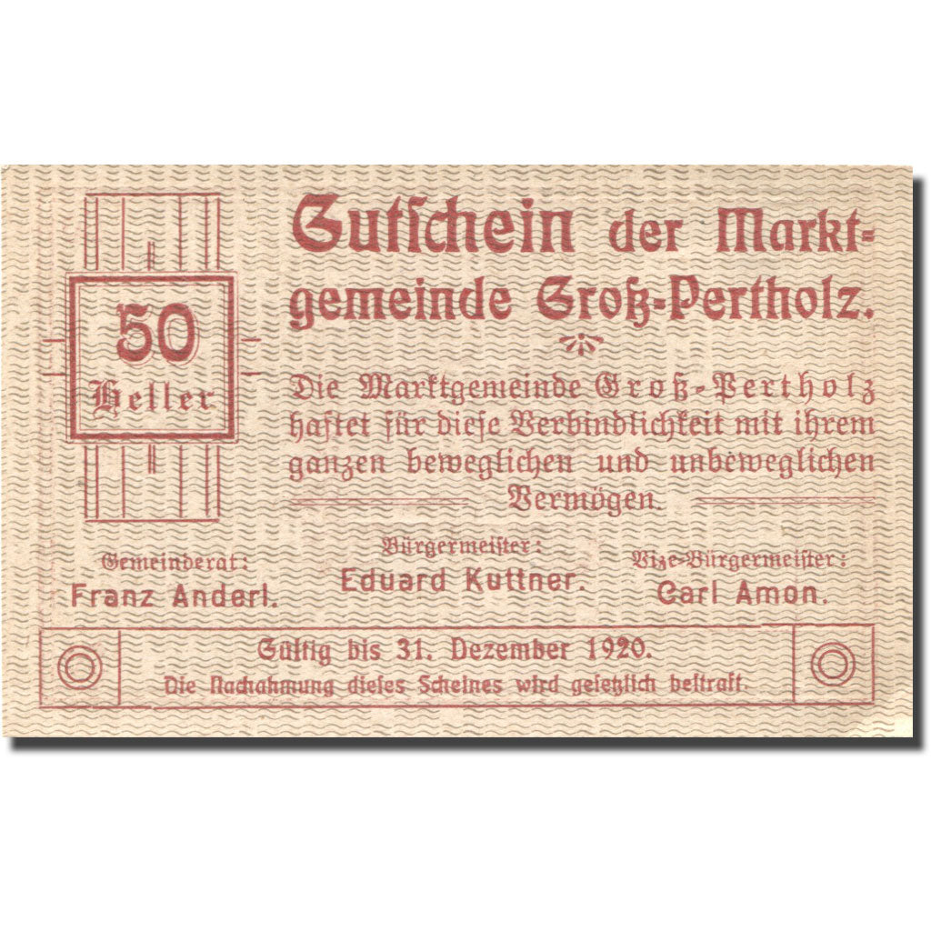Banconote, Austria, Gross-Pertholz 50 Heller 1920 SPL Mehl:FS 295IIId