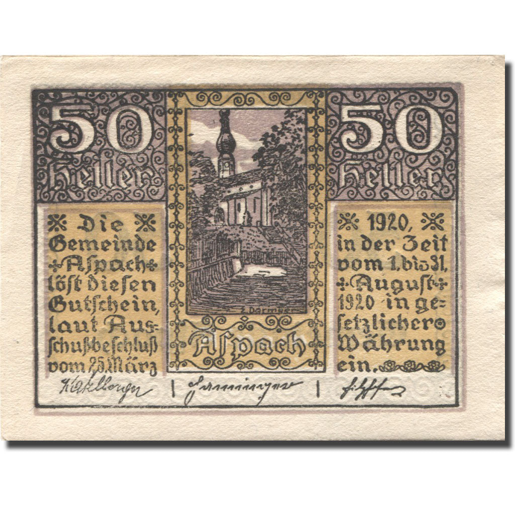 Banknote, Austria, Aspach, 50 Heller, château, 1920, AU(55-58) Mehl:FS 57a
