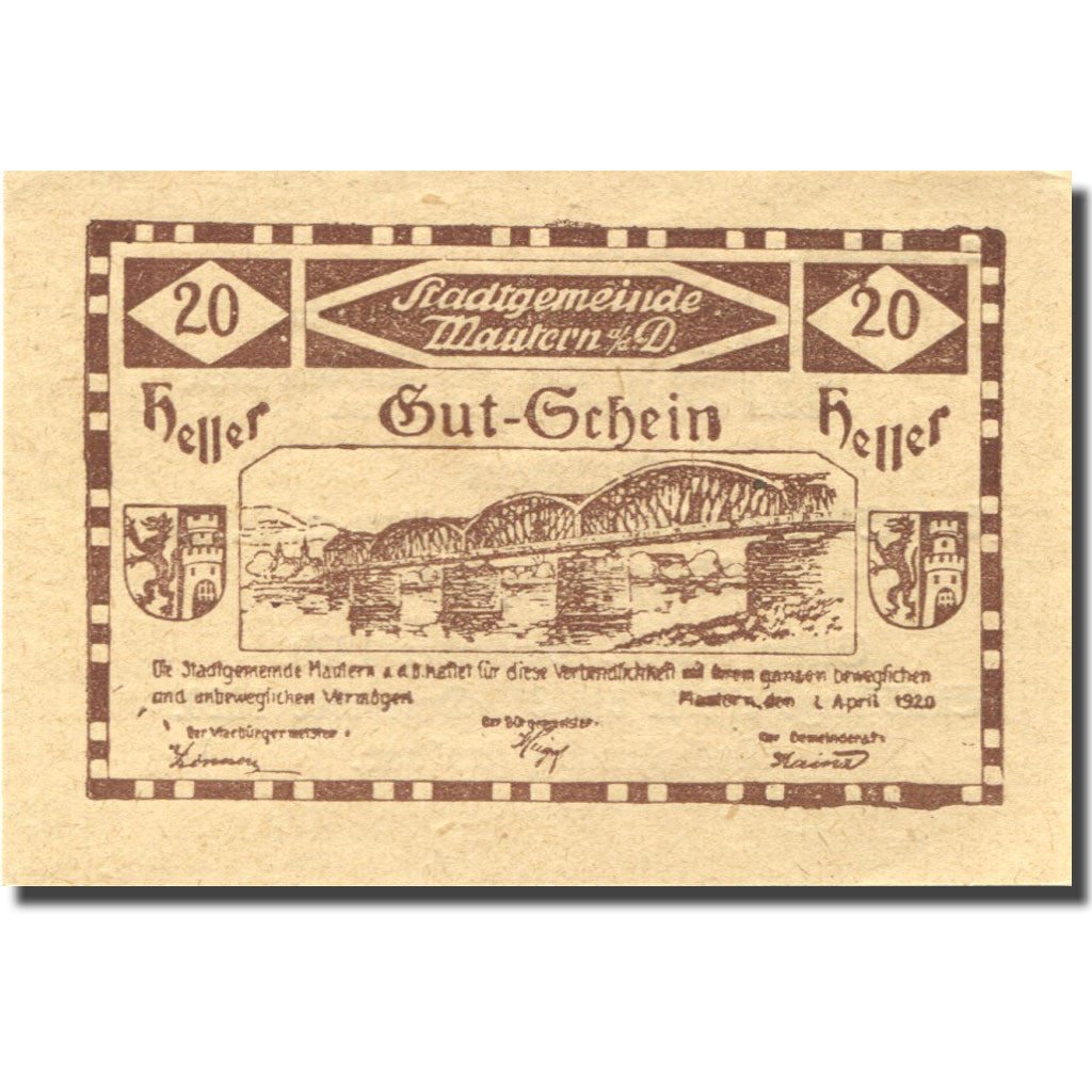Banknote, Austria, Mautern, 20 Heller, pont, 1920-12-31 UNC(63), Mehl:FS 600IIb2
