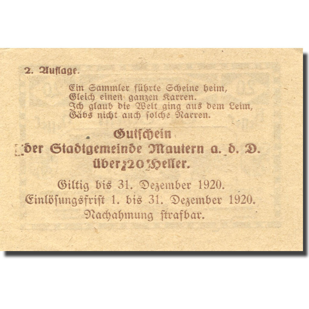 Banknote, Austria, Mautern, 20 Heller, pont, 1920-12-31 UNC(63), Mehl:FS 600IIb2