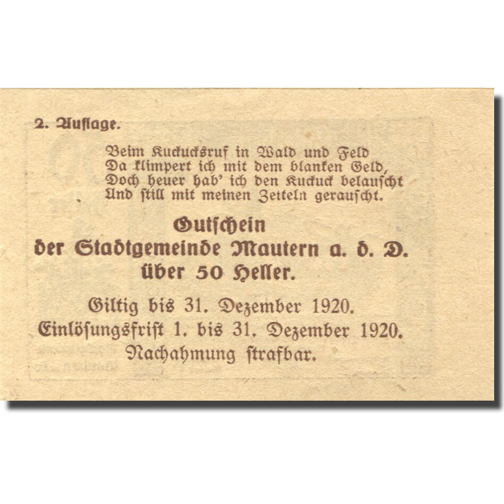 Banknote, Austria, Mautern, 50 Heller, Eglise, 1920, UNC(63) Mehl:FS 600IIb2