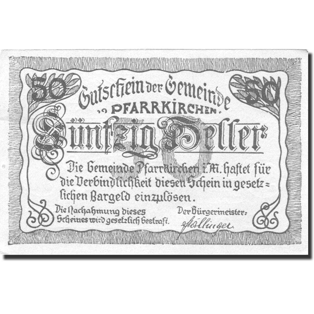 Banknote, Austria, Pfarrkirchen, 50 Heller, village, 1920 UNC(63) Mehl:FS 744Ib