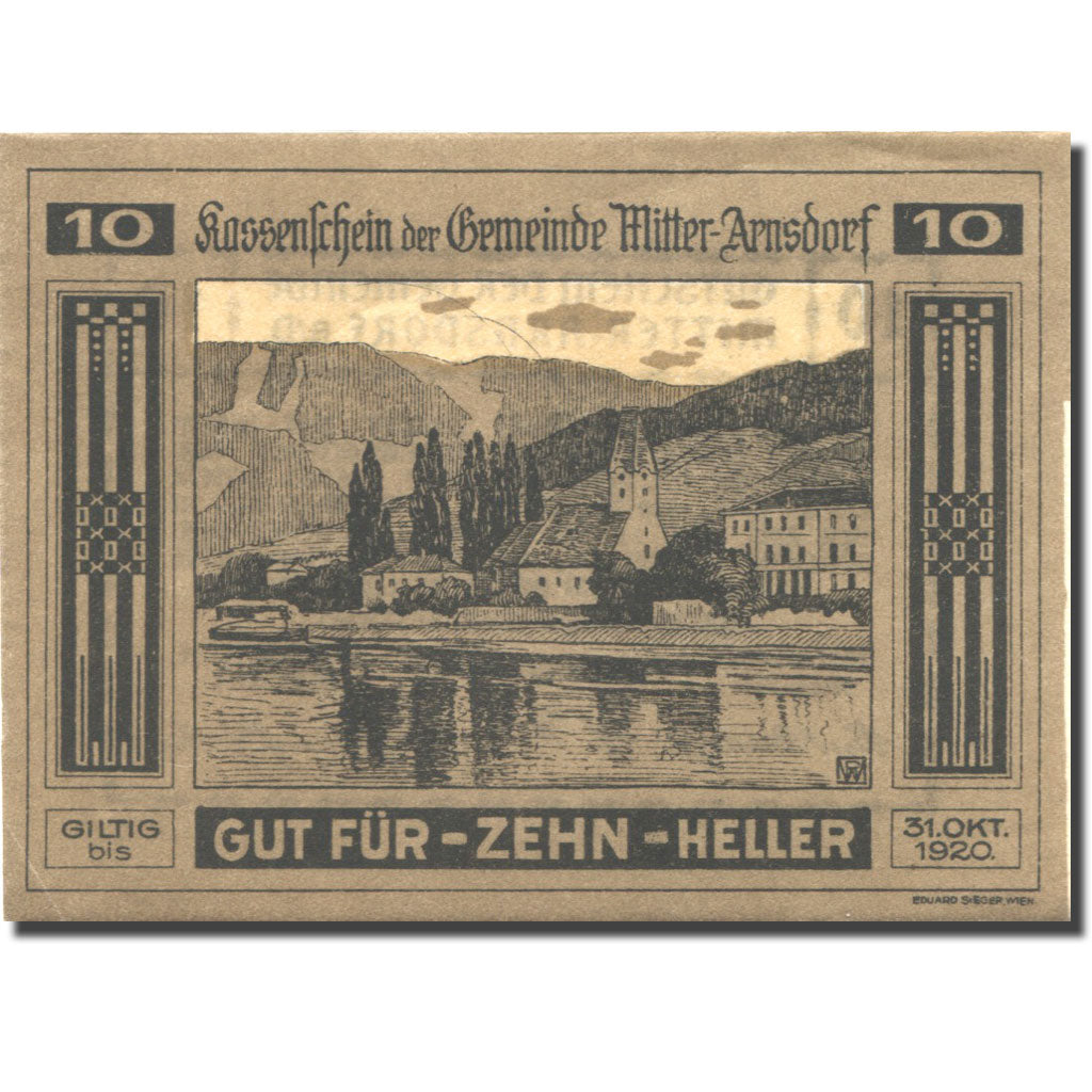 Banknote, Austria, Arnsdorf, 10 Heller, Eglise, 1920 UNC(63) Mehl:FS 617a
