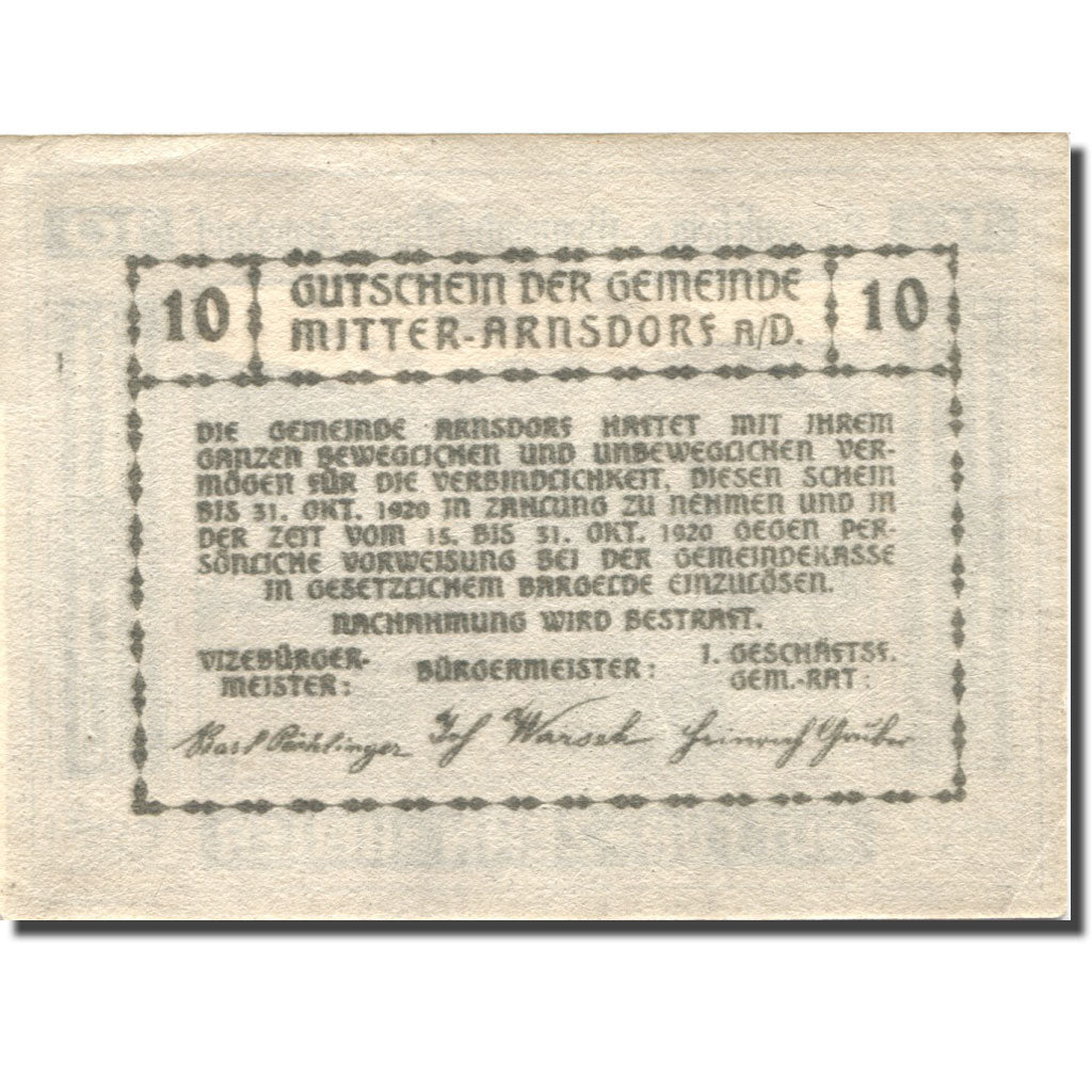 Banknote, Austria, Arnsdorf, 10 Heller, Eglise, 1920 UNC(63) Mehl:FS 617a