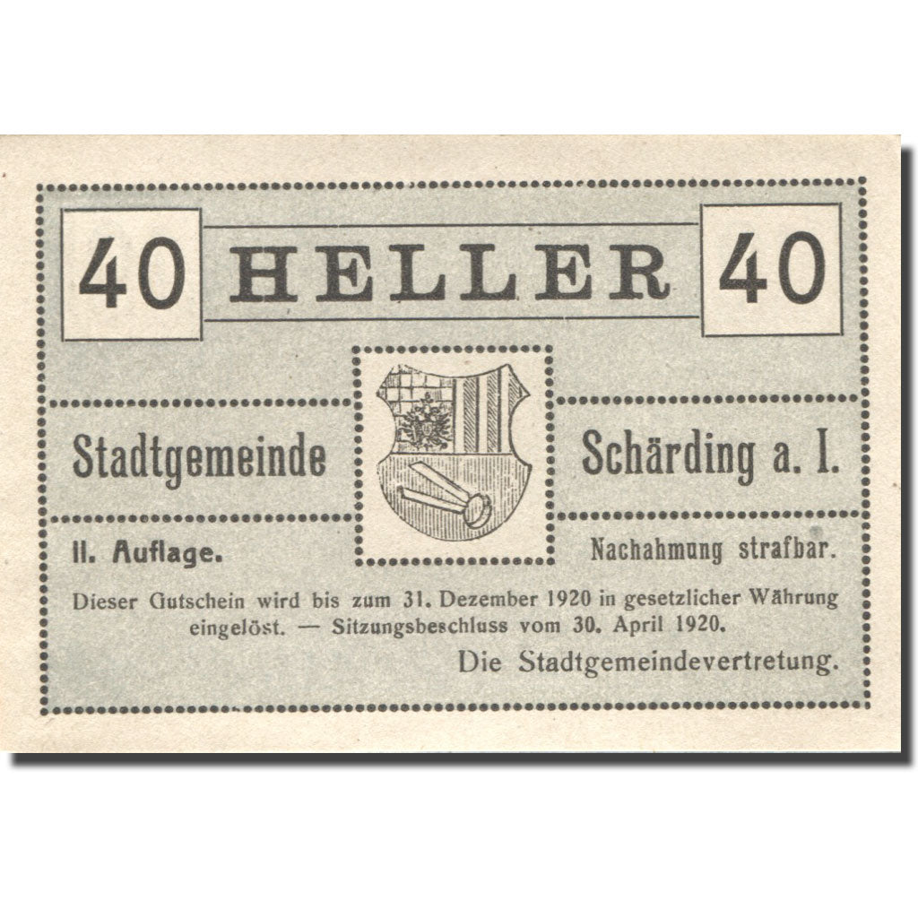 Banknote, Austria, Schärding, 40 Heller, Blason, 1920 UNC(63) Mehl:FS 951IIIa