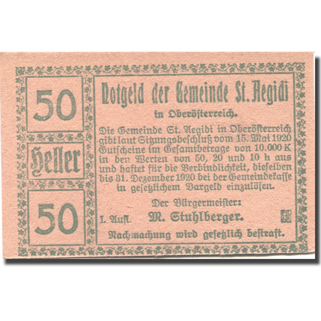 Banconote, Austria, St Aegidi, 50 Heller, valeur faciale, 1920 SPL Mehl:FS 875