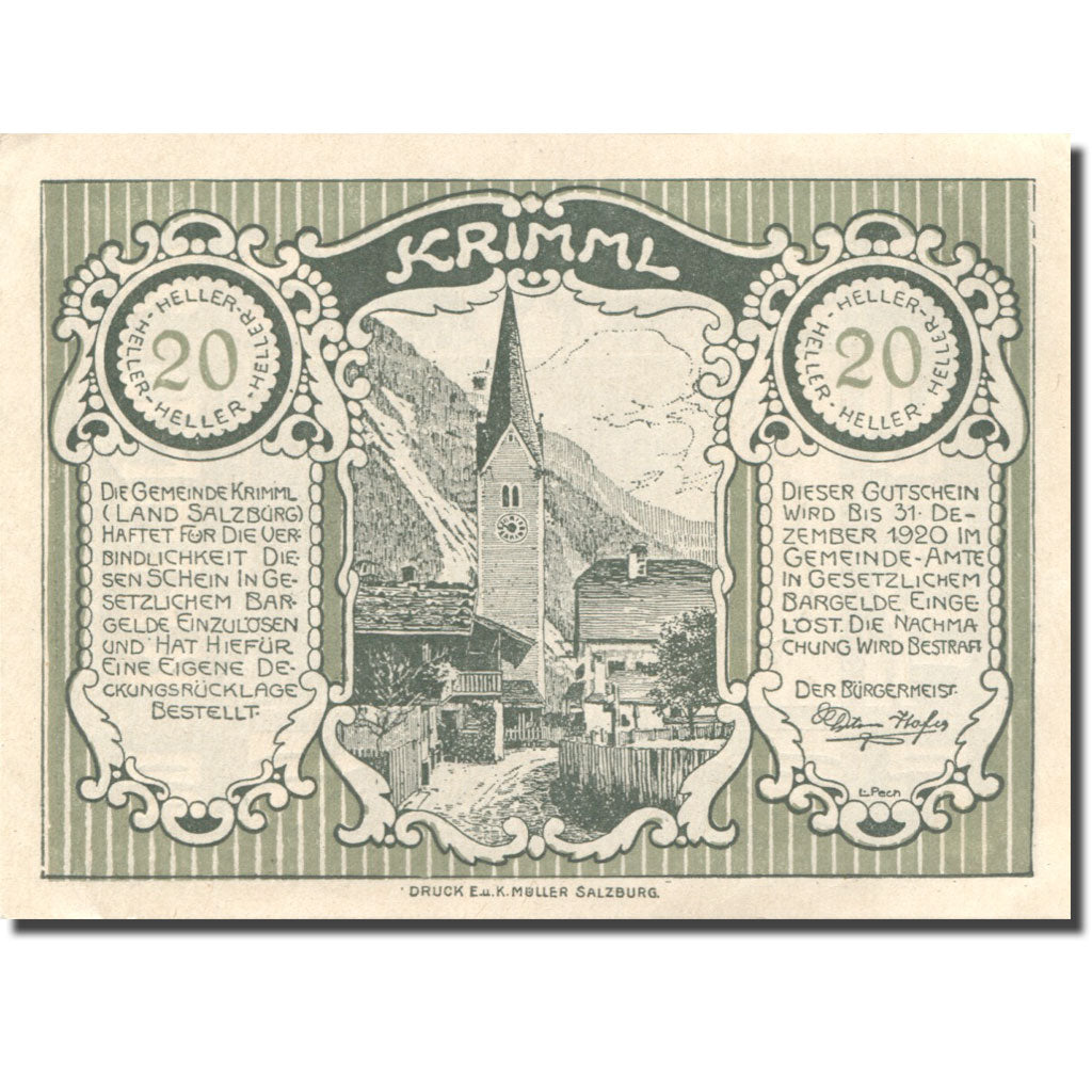 Banknote, Austria, Krimml, 20 Heller, Eglise 1920-12-31, UNC(63) Mehl:FS 483c