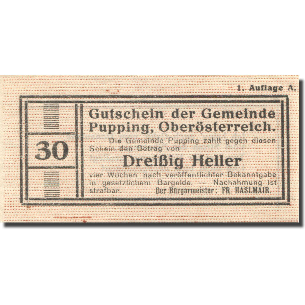 Banknote, Austria, Pupping, 30 Heller, valeur faciale, UNC(63), Mehl:FS 792IdB