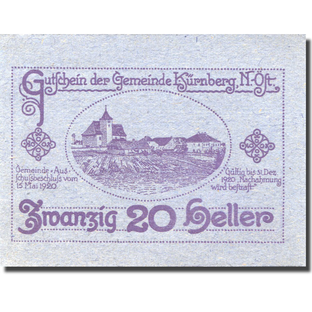 Banknote, Austria, Kürnberg, 20 Heller, Eglise, 1920, UNC(63) Mehl:FS 490a