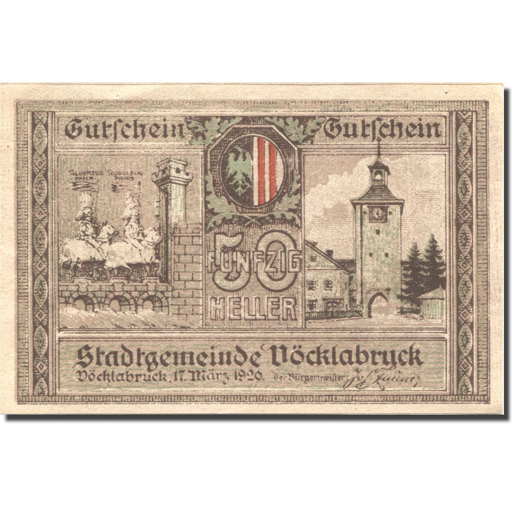 Billet, Autriche, Vocklabruck, 50 Heller, château, 1920, SPL Mehl:FS 1116IIa
