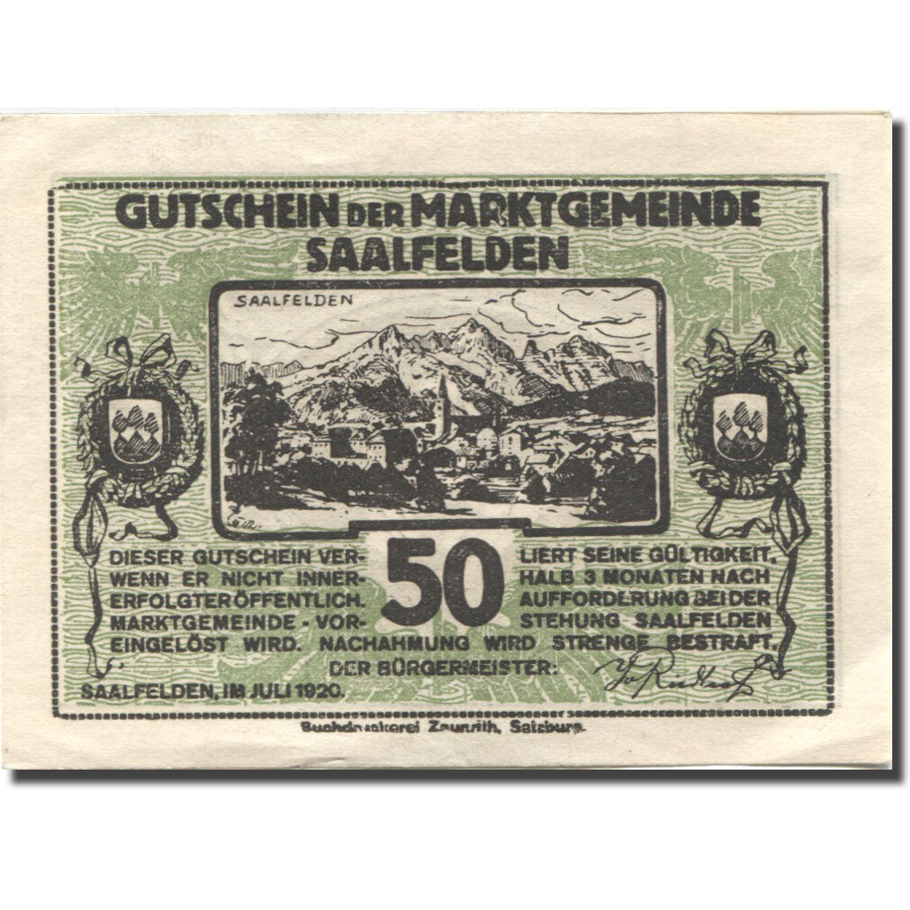 Banknote, Austria, Saalfelden, 50 Heller, montagne, UNC(63), Mehl:FS 859b