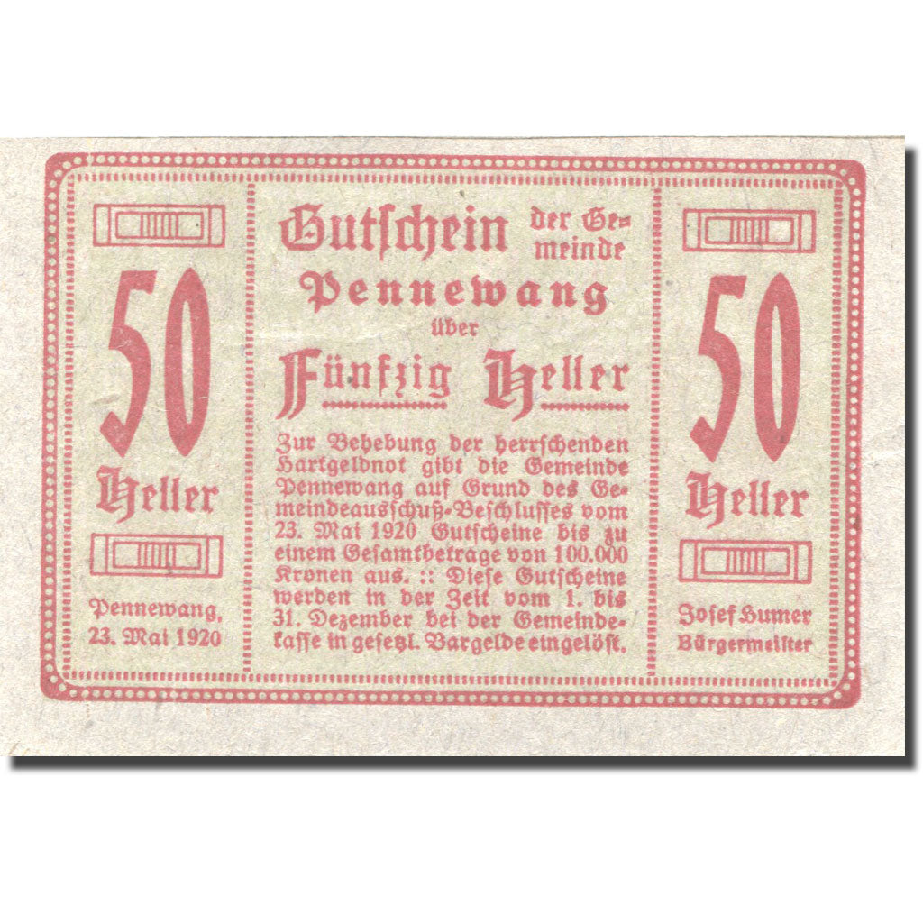 Banknote, Austria, Pennewang, 50 Heller, épis, 1920 UNC(63) Mehl:FS 727a
