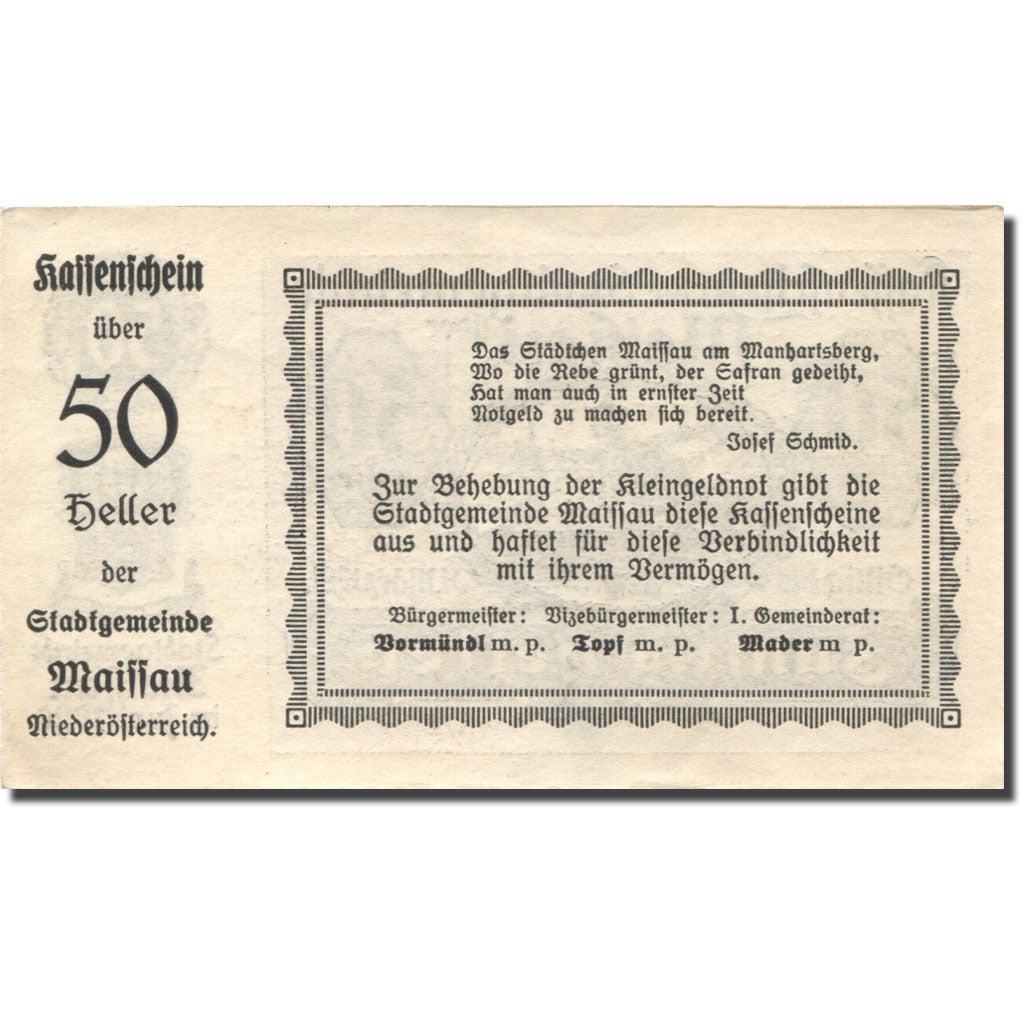 Banknote, Austria, Maissau, 50 Heller, château, 1921 UNC(63) Mehl:FS 573g