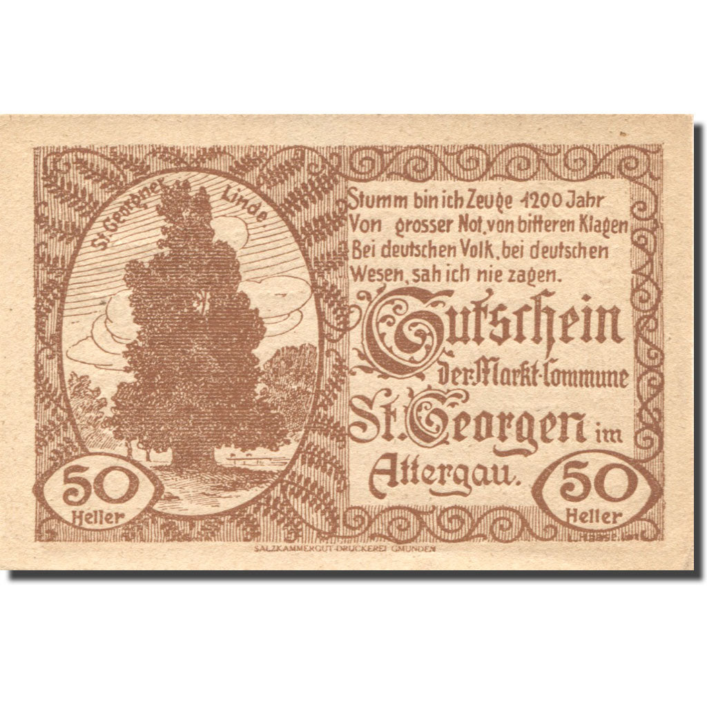 Banknote, Austria, St Georgen, 50 Heller, arbre, UNC(63), Mehl:FS 889a