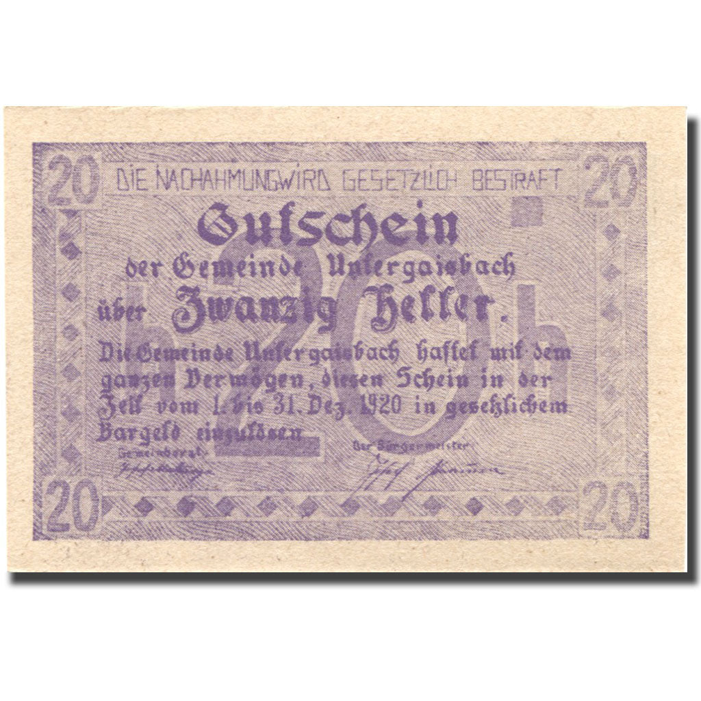 Banknote, Austria, Untergaisbach, 20 Heller, château, 1920 UNC(63) Mehl:FS 1094a