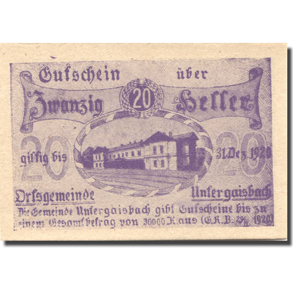 Banknote, Austria, Untergaisbach, 20 Heller, château, 1920 UNC(63) Mehl:FS 1094a