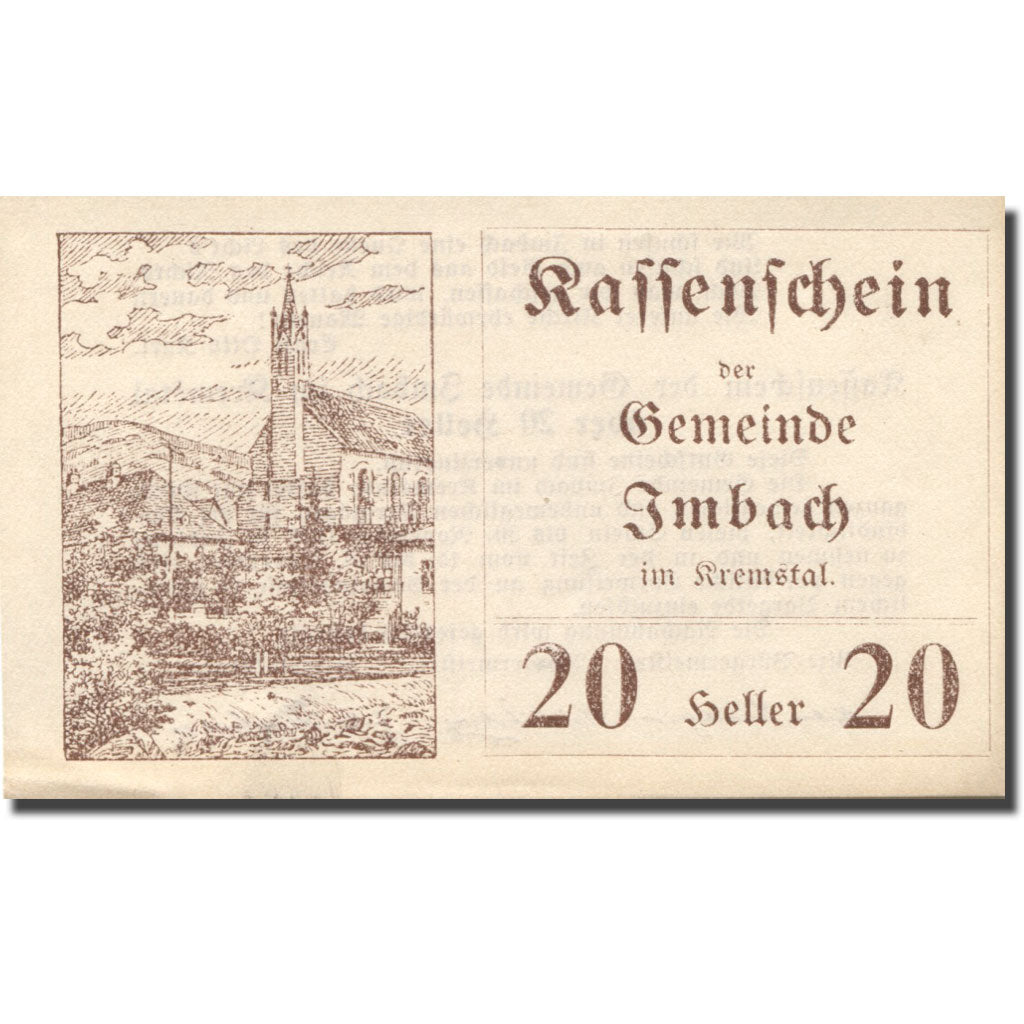 Banknote, Austria, Imbach, 20 Heller, Eglise 1920-12-31, UNC(63), Mehl:FS 404Ib